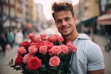 A cheerful, handsome guy holding a bouquet of beautiful roses exuding confidence and romance on Valentine's Day.
