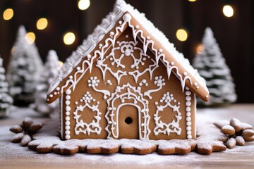gingerbread house with snowy icing on a wooden board