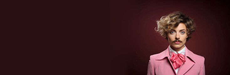 Embracing unique pride gay identity and style concept. Stylish non-binary young transgender woman with moustache with a confident attitude pink suit on horizontal background place for text copy paste - obrazy, fototapety, plakaty