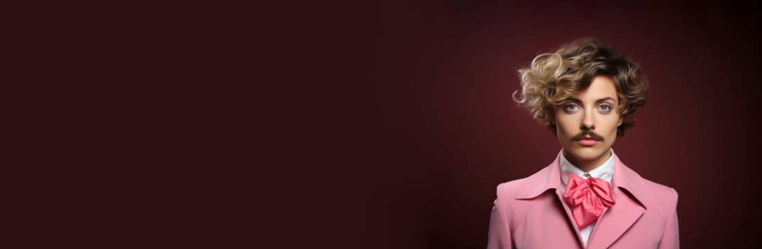 Embracing unique pride gay identity and style concept. Stylish non-binary young transgender woman with moustache with a confident attitude pink suit on horizontal background place for text copy paste