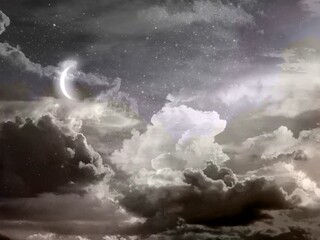 Obraz premium monochrome illustration of eerie night sky with shining crescent moon