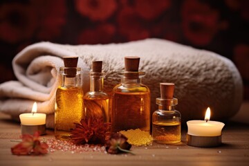 spa items on a fluffy towel: candles, oils, bath salts