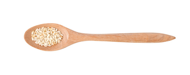 White sesame seeds with wood spoon on transparent png