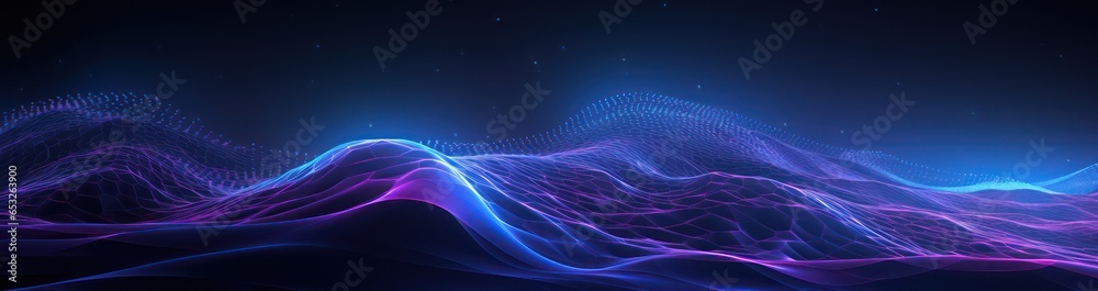 Wall mural blue abstract graphic particle wave background. modern purple blue gradient flowing wave lines. dark