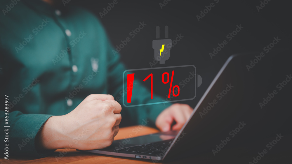 Poster Laptop out of battery. Man is angry and frustrated when he learns that his laptop computer's battery is dead and did not bring the charger adapter. Concept of Technology and daily life.