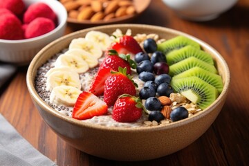 bowl of oatmeal topped with chia seeds and fruits