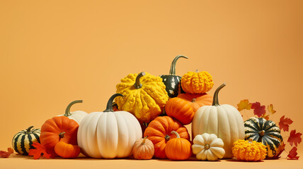 Assortment of pumpkins and squashes on a solid colored background