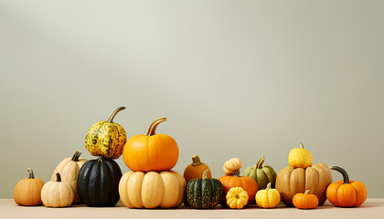 Fototapeta Assortment of pumpkins and squashes on a solid colored background obraz