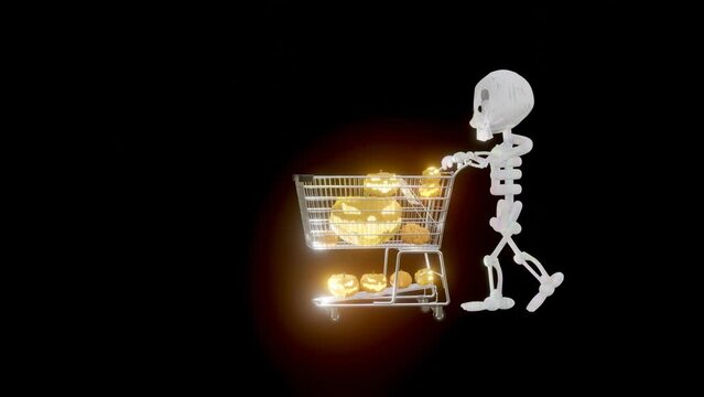 Halloween funny skeleton walking and pushing shopping cart with many pumpkins and illuminated spooky Jack-o'-Lanterns on the deep black background.