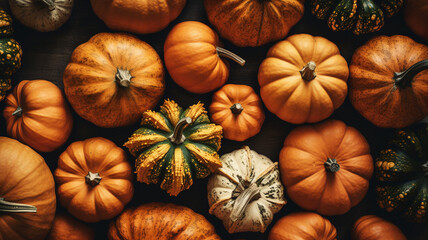 Assortment of orange and green pumpkins