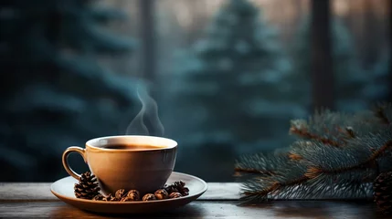 Schilderijen op glas Cup of coffee on a wooden table, Christmas background with pine trees. Composition of spruce branches, coffee mug, coffee grains and pines. Banner with copy space. © Lara