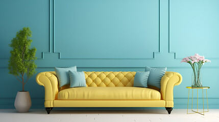 A yellow pastel colored luxury sofa in a pastel blue walls living room mock up.