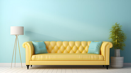 A yellow pastel colored luxury sofa in a pastel blue walls living room mock up.