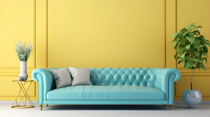 A blue pastel colored luxury sofa in a pastel yellow walls living room mock up.