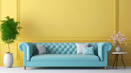 A blue pastel colored luxury sofa with flowers in vase in a pastel yellow walls living room mock up.