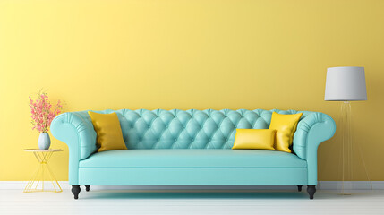A blue pastel colored luxury sofa with yellow pillows in a pastel yellow walls living room mock up.