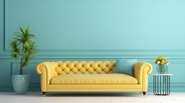 A yellow pastel colored velure luxury sofa in a pastel blue walls living room mock up.