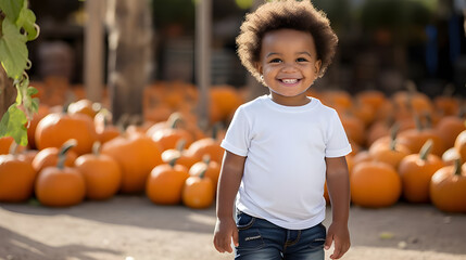 African  smiling girl toddler model wearing a white blank tshirt outdoor on the background of pumpkins,close up.T-shirt halloween print business concept. - Powered by Adobe