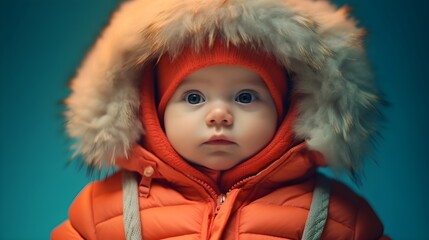 Adorable cute baby wearing a winter jacket, Isolated background