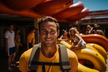 Lifeguard with a rescue tube, ready to respond to an emergency, Generative AI