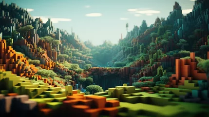 Foto auf Acrylglas Minecraft cube voxel surface landscape illustration background abstract, 3d nature, game earth cube voxel surface landscape