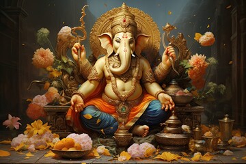 Lord Ganesha. Hindu mythology god Ganesh. Generative ai art.