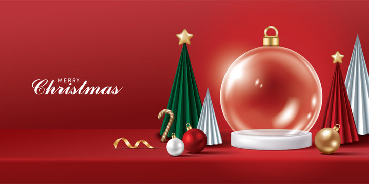 Christmas banner for product demonstration. White pedestal or podium with bauble, candy cane and Christmas trees on red background.