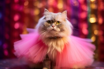 cute australian mist cat wearing a rainbow tutu in front of burgundy red background