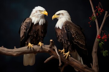 two eagles of different gender sitting side by side on a branch