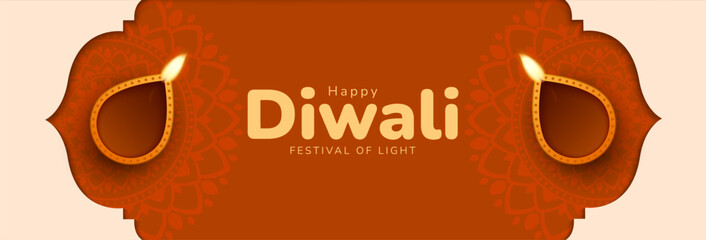 Happy Diwali. Hindi festival of lights holiday celebration banner. Background template design with diya lamp decoration .Vector illustration - obrazy, fototapety, plakaty