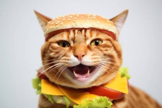 smiling cheetoh cat wearing a cheeseburger costume in front of pearl white background