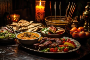 middle eastern style dining with delicious skewers and hummus