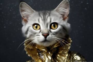 funny singapura cat wearing a monkey costume in metallic silver background