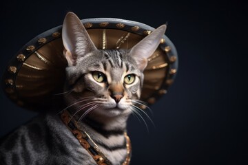 smiling savannah cat wearing a sombrero in front of metallic silver background