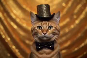 funny cheetoh cat wearing a top hat in metallic silver background