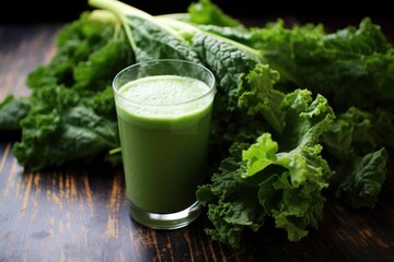 a pile of kale next to prepared kale juice
