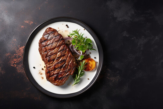 the grilled meat on a plate was placed on a table taken from a high angle with empty space around it