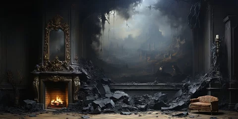 Fototapeten Generative AI, gothic ruined black interior and landscape in the style of gloomy fantasy  © DELstudio
