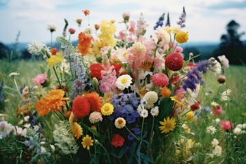 Obraz na płótnie Canvas a cluster of multi-colored flowers in a field
