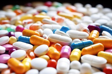 close-up of a pile of various prescription pills