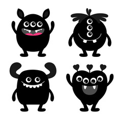 Monster set. Happy Halloween. Black silhouette monsters. Cartoon kawaii funny boo character. Cute face with horns, teeth, eyes. Childish baby collection. White background. Flat design.