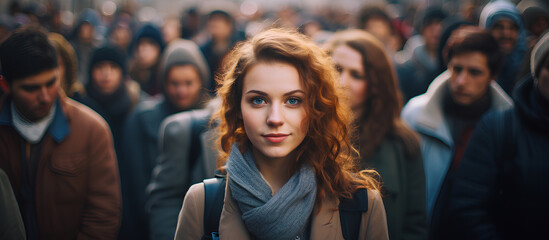 A young beautiful woman looking at camera in middle of a big crowd of people in the city.
