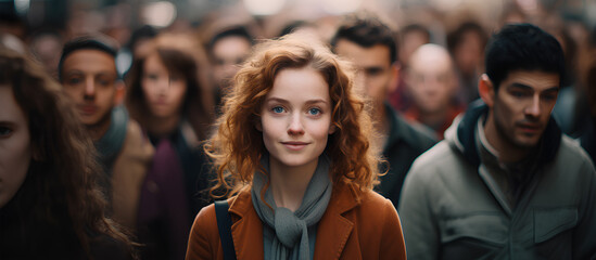 A young beautiful woman looking at camera in middle of a big crowd of people in the city. 