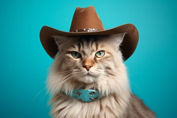 happy siberian cat wearing a cowboy hat isolated in tropical teal background