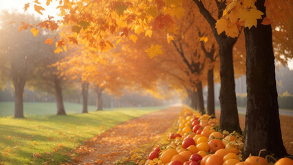 Viale nel parco con alberi multicolori nella stagione autunnale - giallo, arancione e rosso - obrazy, fototapety, plakaty