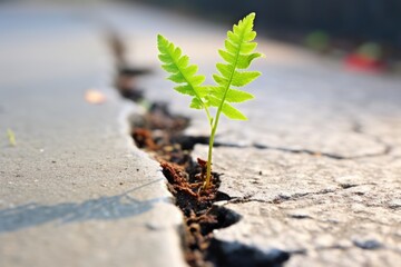 a small fern growing through a crack in a pavement