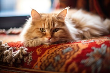 a cat purring on a cozy wool rug