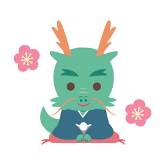 袴姿の正座をした辰年のキャラクターイラスト/正月・年賀