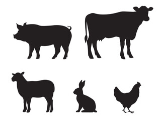 Collection of silhouettes of farm animals - cow, pig, sheep, rabbit, chicken. Animals side view. Illustration on transparent background - 653269915