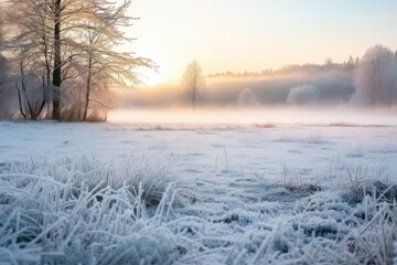misty winter meadow with snow-covered grass blades